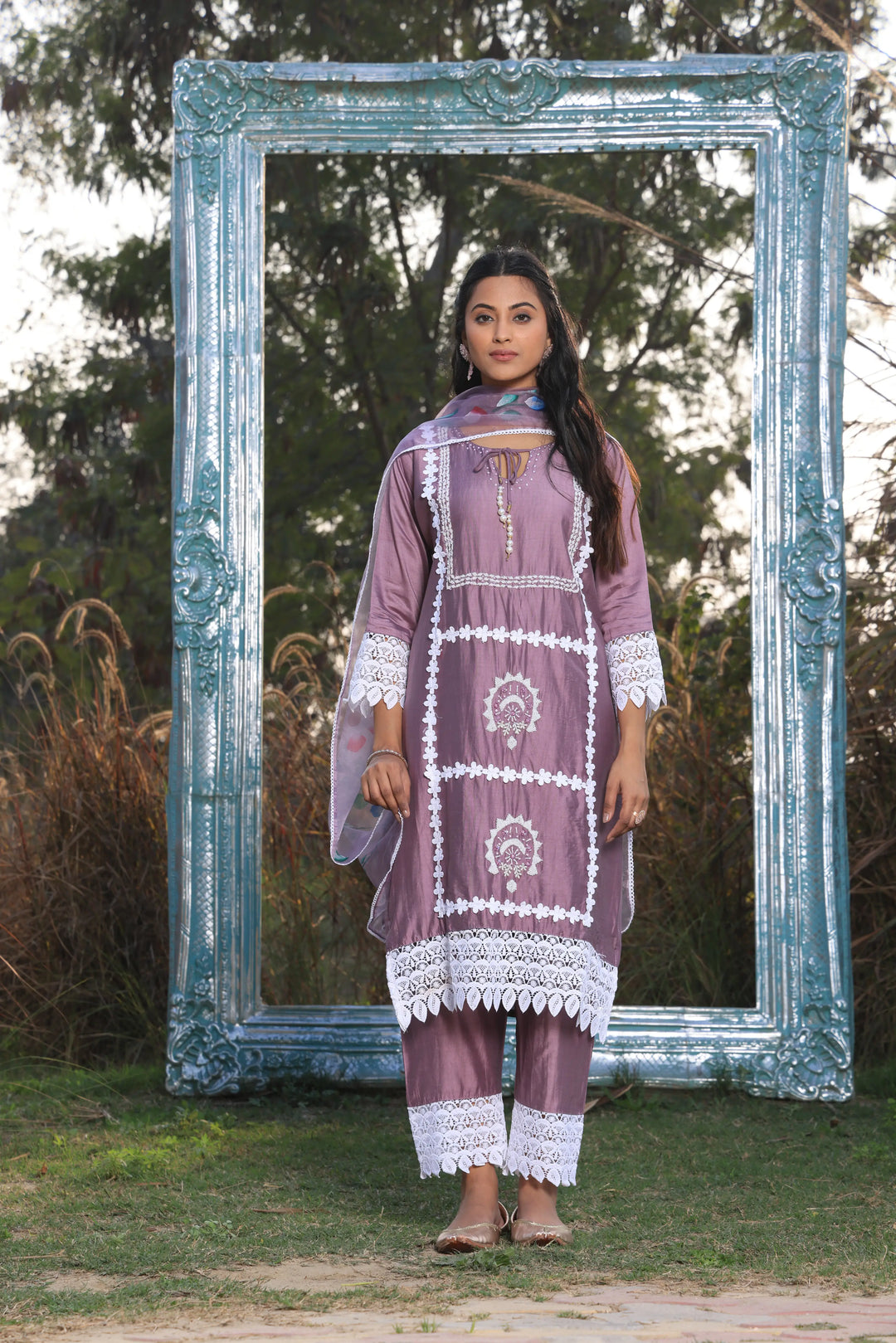 Lavender Ethnic Motifs Embroidered Straight Pure Cotton Kurta With Pant & Dupatta set