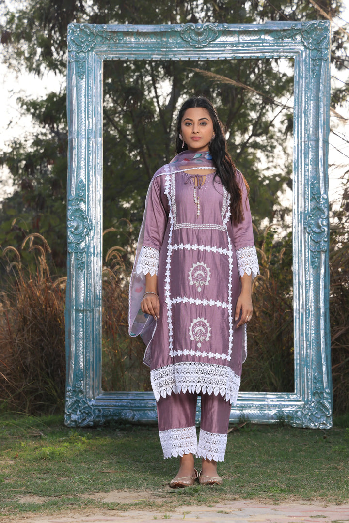 Lavender Ethnic Motifs Embroidered Straight Pure Cotton Kurta With Pant & Dupatta set