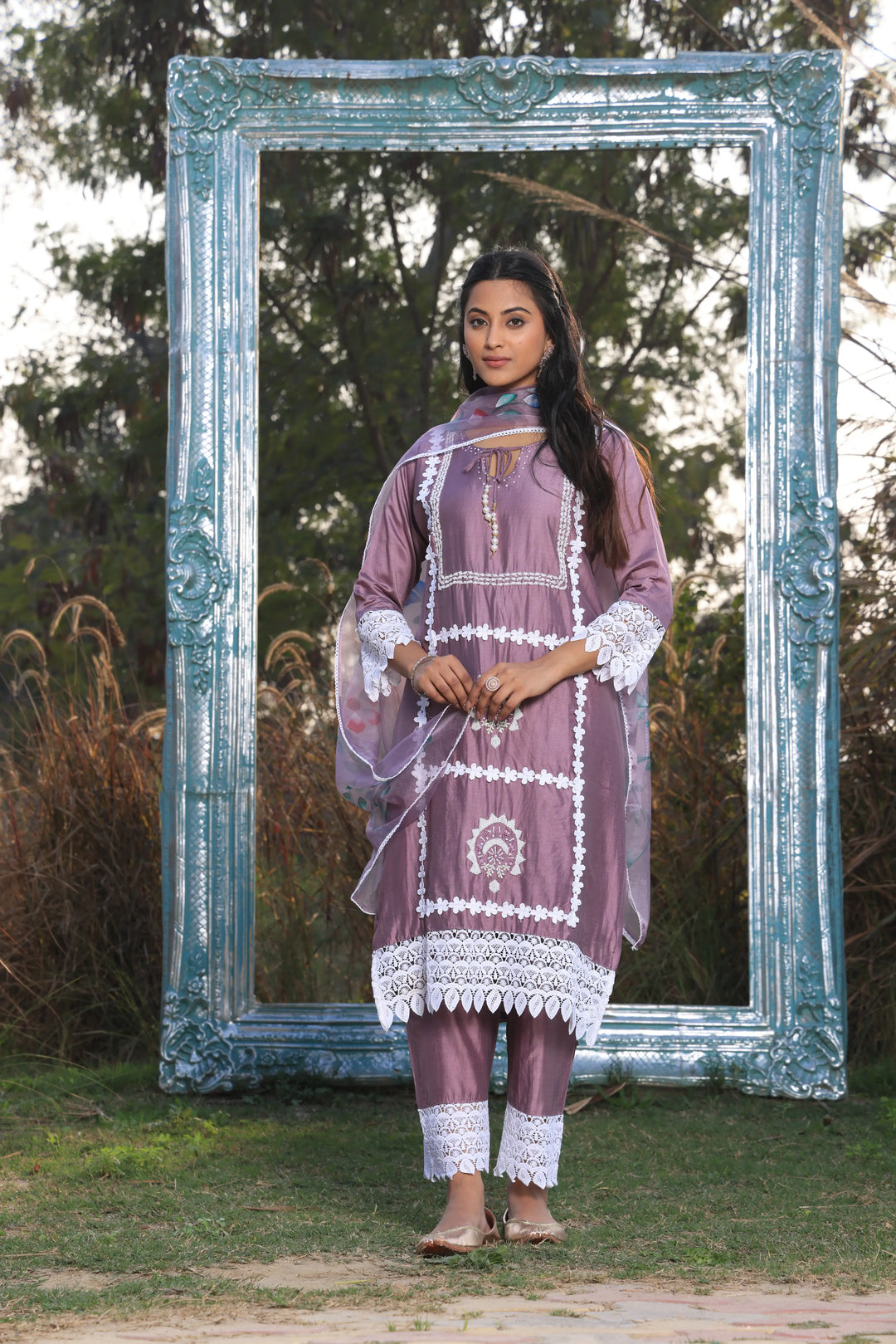 Lavender Ethnic Motifs Embroidered Straight Pure Cotton Kurta With Pant & Dupatta set