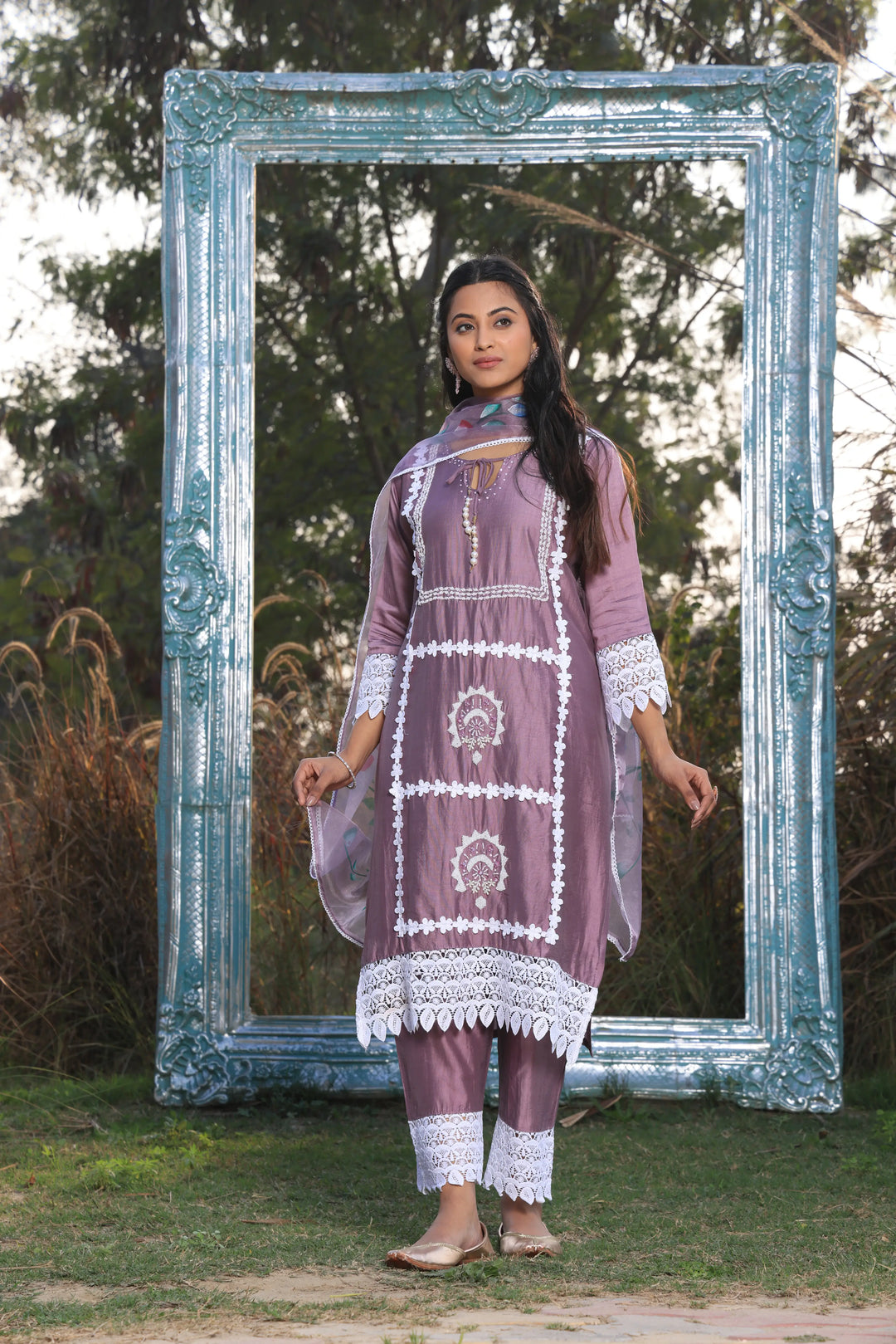 Lavender Ethnic Motifs Embroidered Straight Pure Cotton Kurta With Pant & Dupatta set