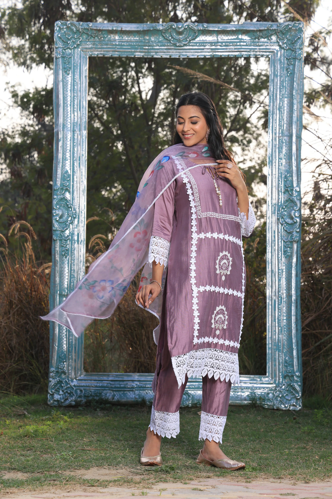 Lavender Ethnic Motifs Embroidered Straight Pure Cotton Kurta With Pant & Dupatta set