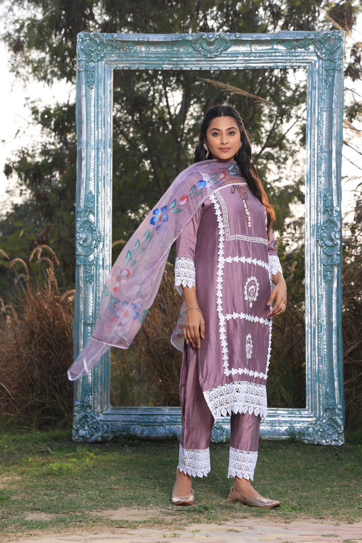 Lavender Ethnic Motifs Embroidered Straight Pure Cotton Kurta With Pant & Dupatta set