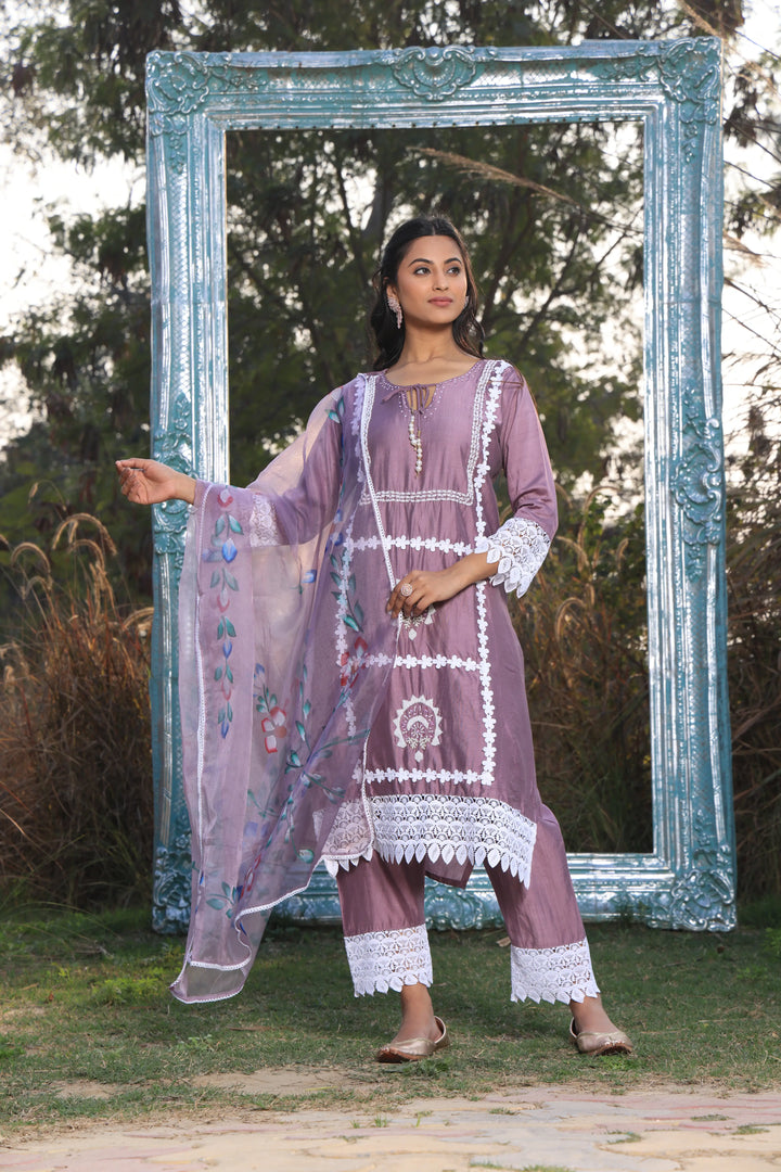 Lavender Ethnic Motifs Embroidered Straight Pure Cotton Kurta With Pant & Dupatta set