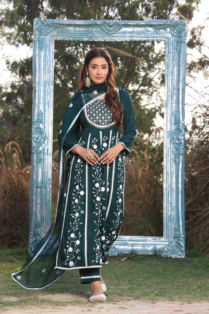 Bottle Green Embroidered Anarkali Suit