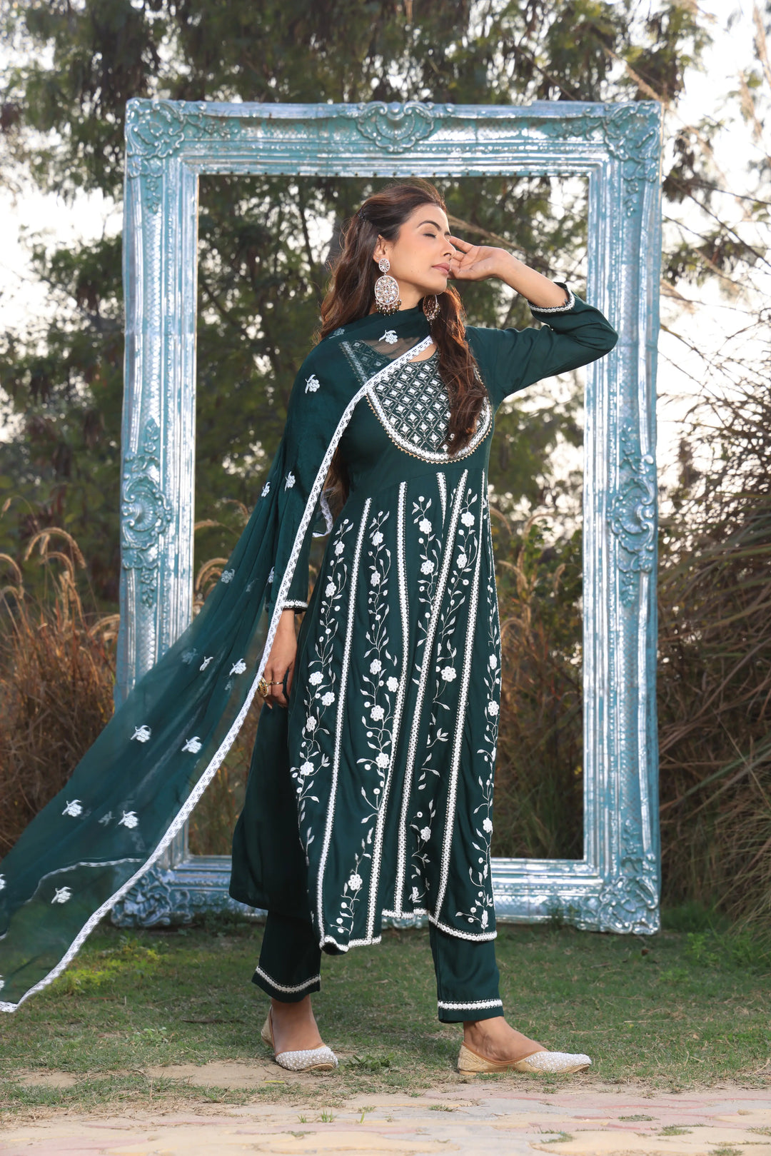 Bottle Green Embroidered Anarkali Suit