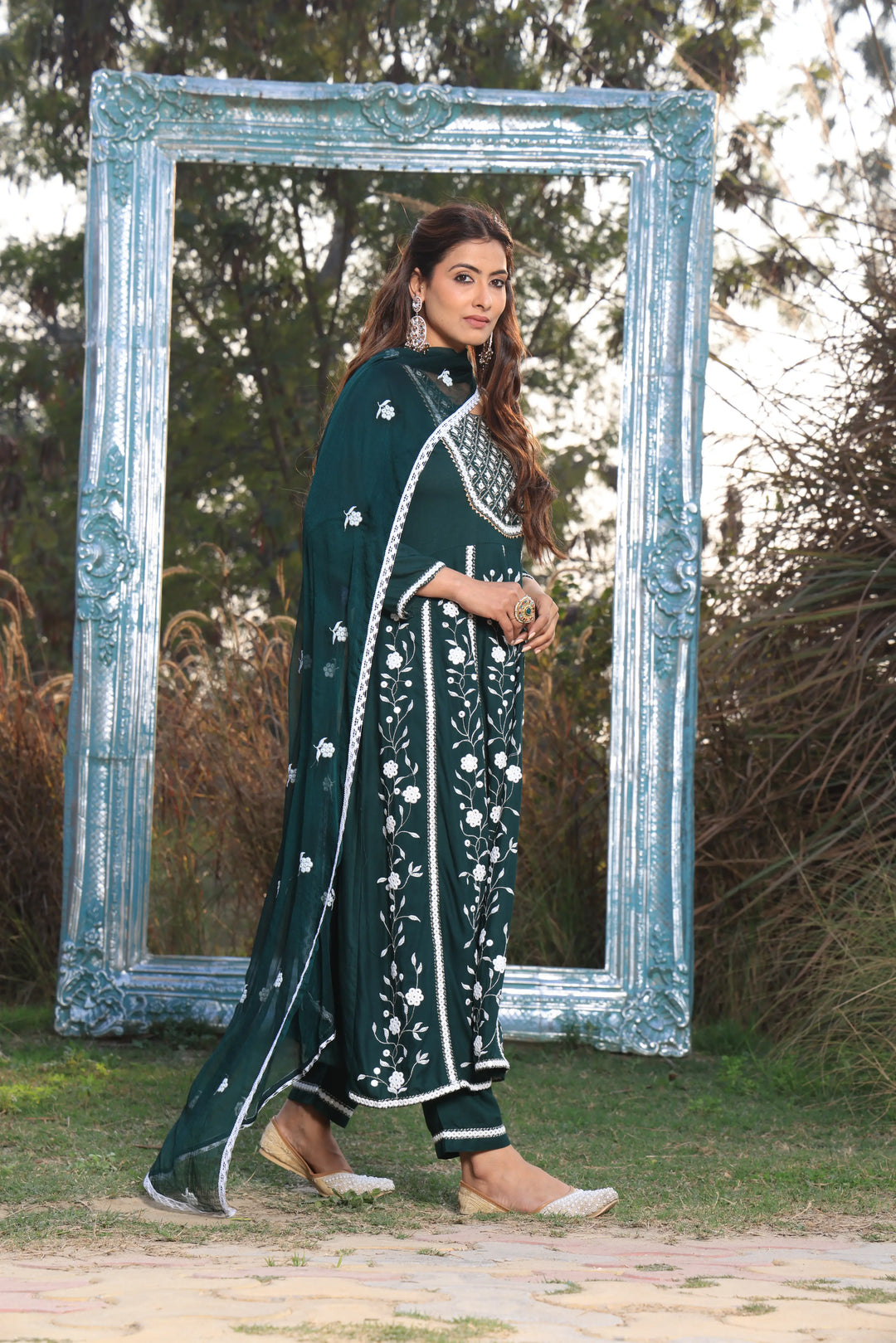 Bottle Green Embroidered Anarkali Suit