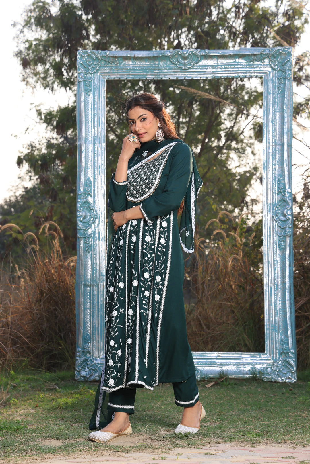 Bottle Green Embroidered Anarkali Suit