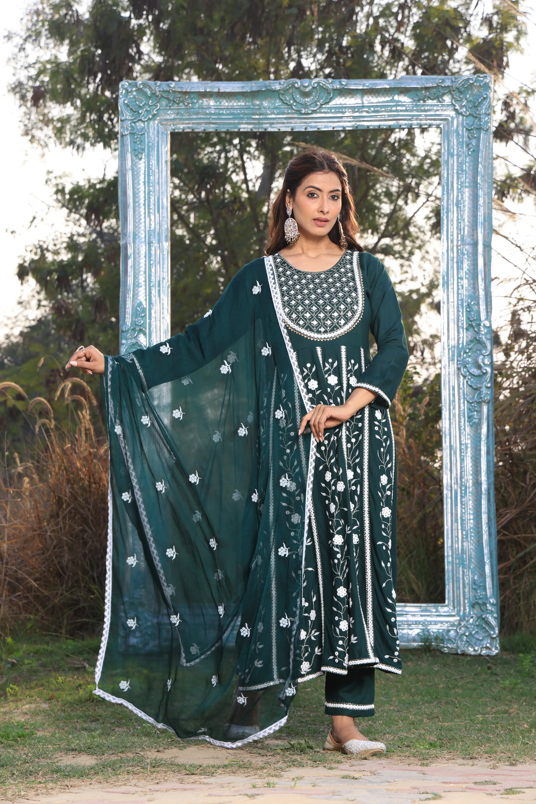 Bottle Green Embroidered Anarkali Suit