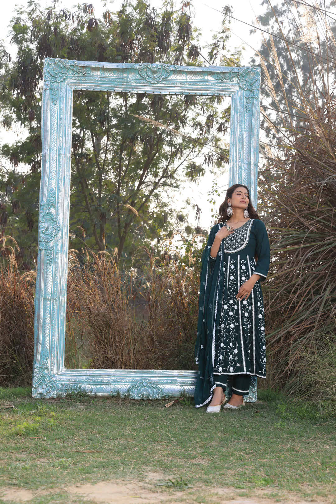 Bottle Green Embroidered Anarkali Suit