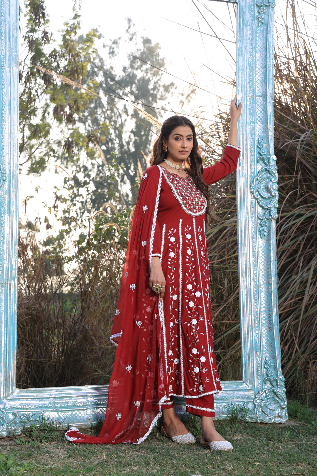 Red Embroidered Anarkali Suit