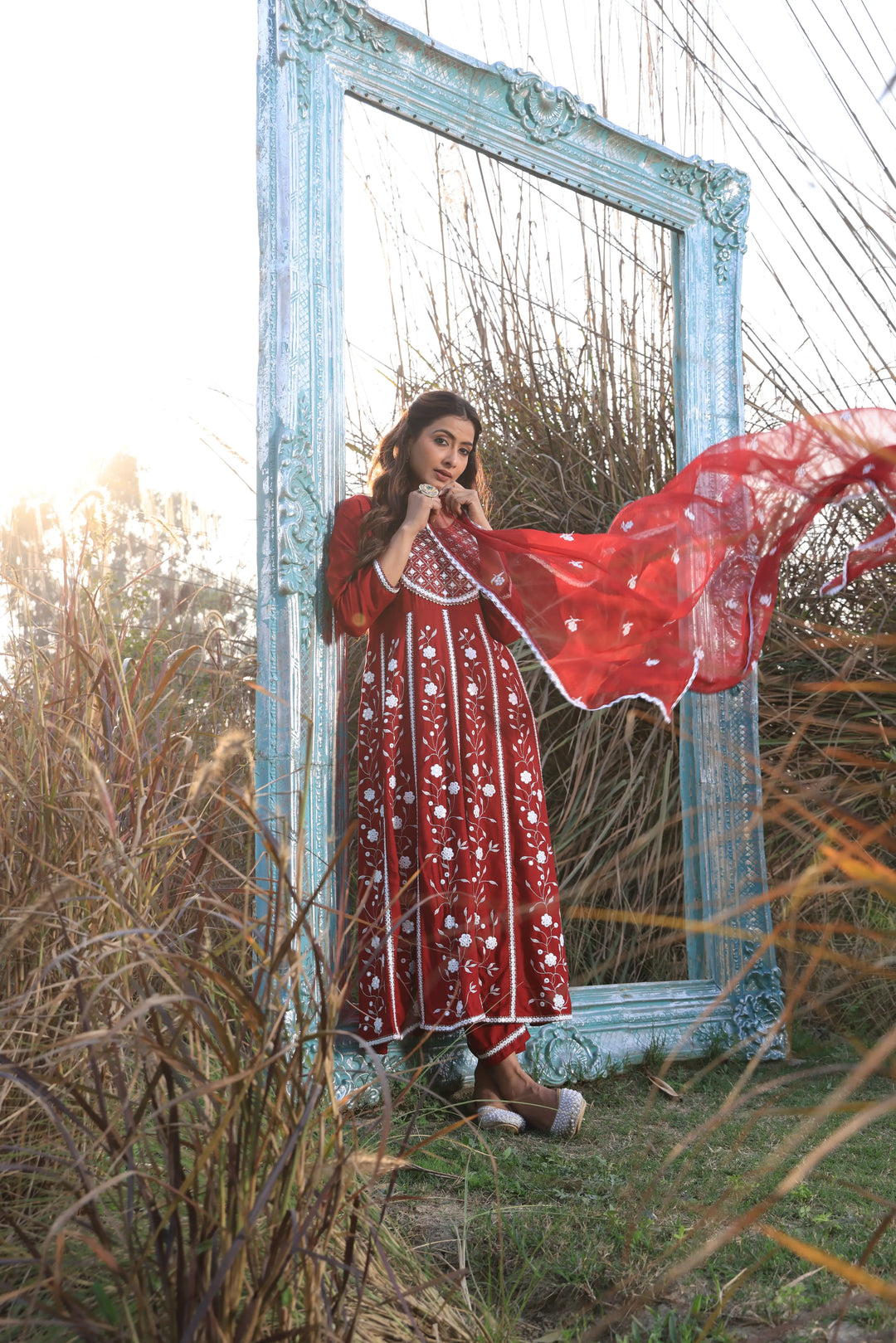 Red Embroidered Anarkali Suit