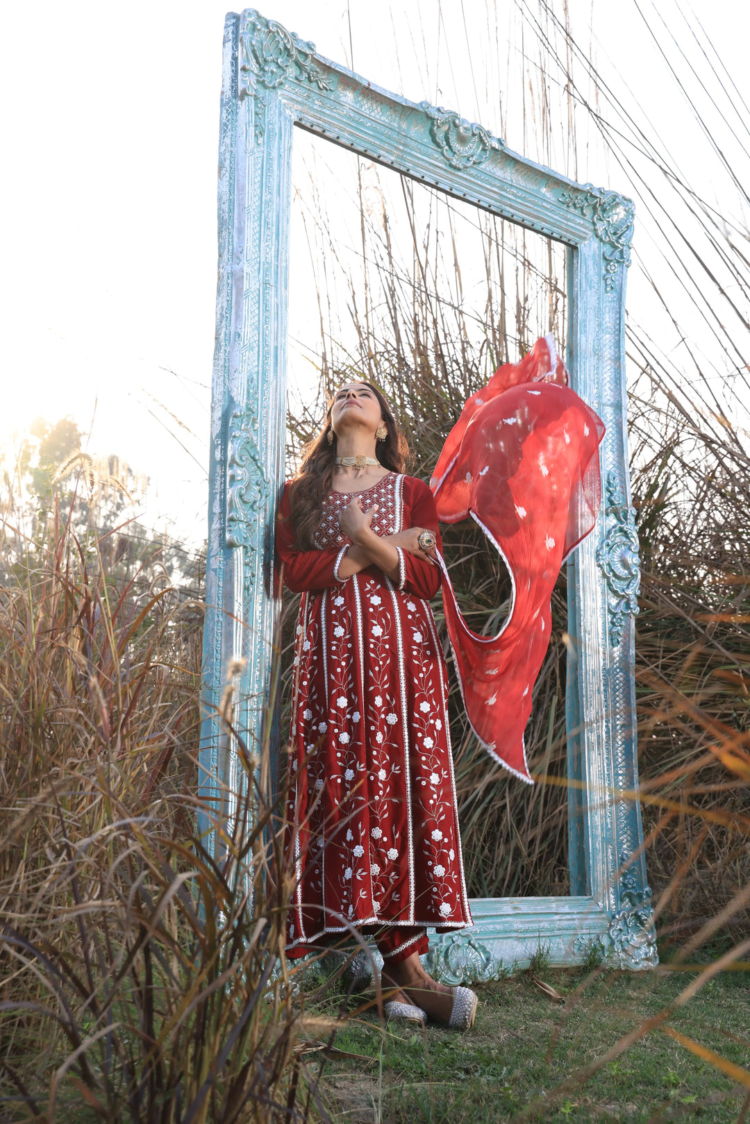 Red Embroidered Anarkali Suit