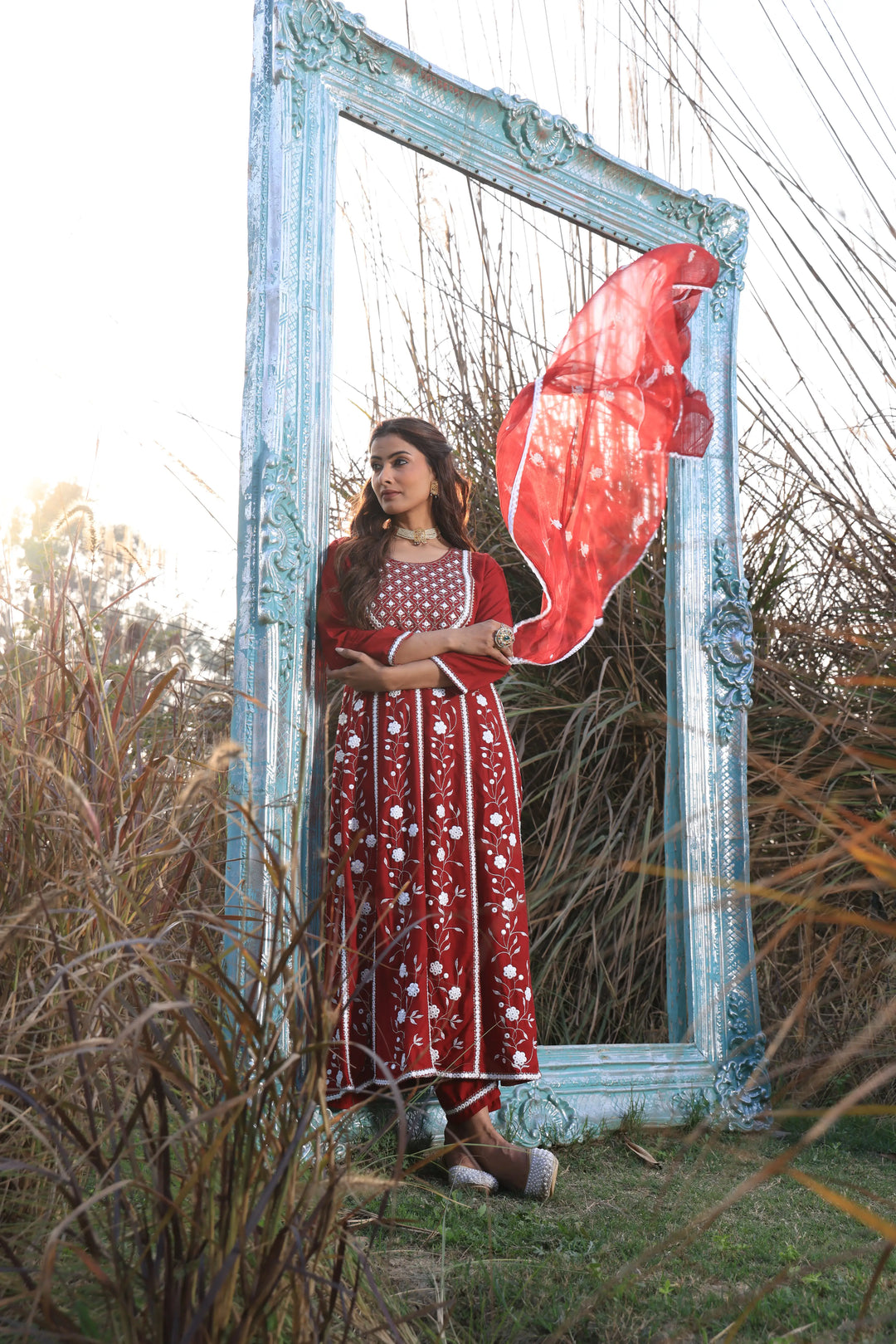 Red Embroidered Anarkali Suit