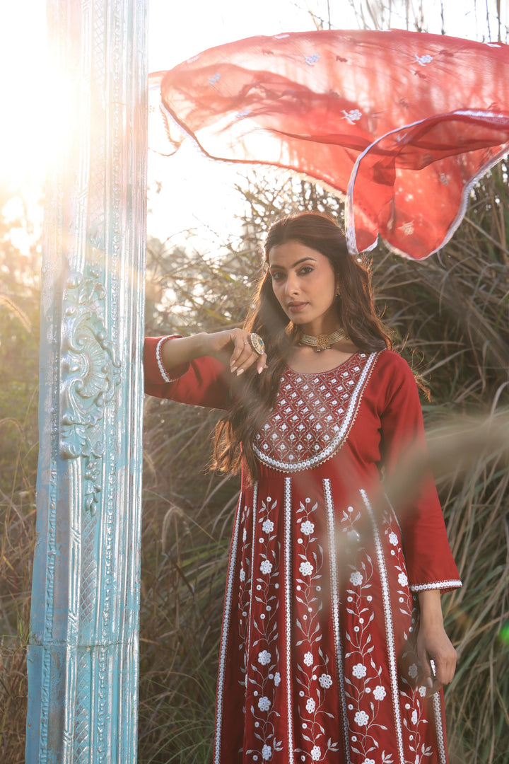 Red Embroidered Anarkali Suit