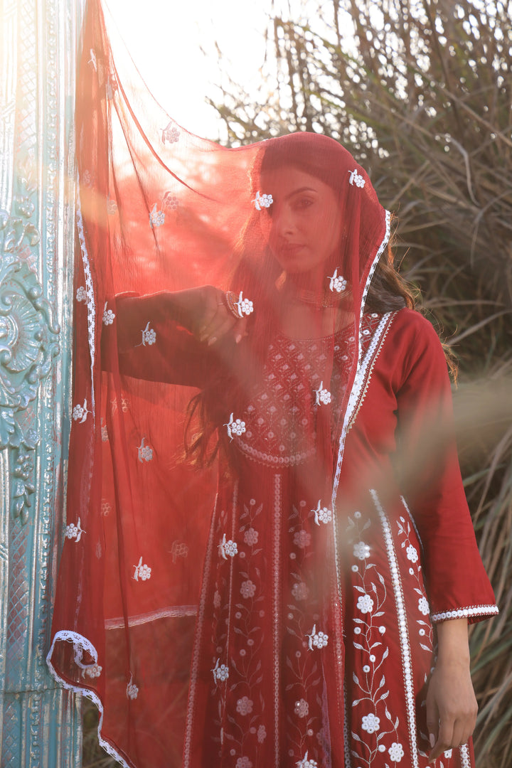 Red Embroidered Anarkali Suit