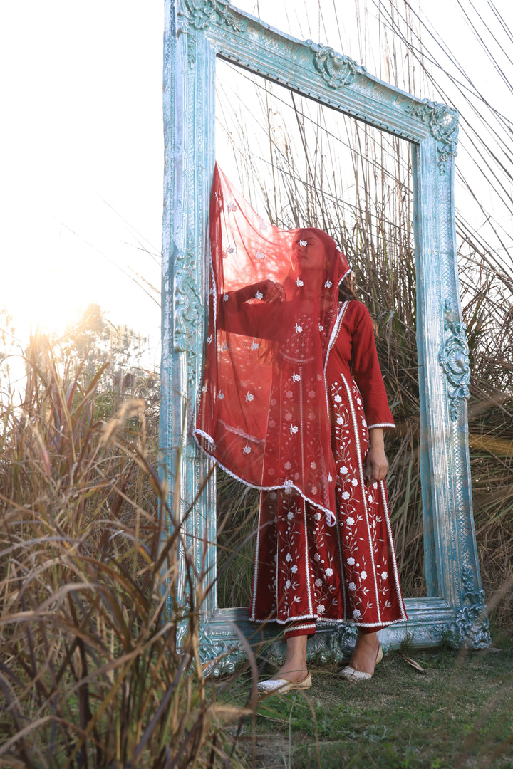 Red Embroidered Anarkali Suit