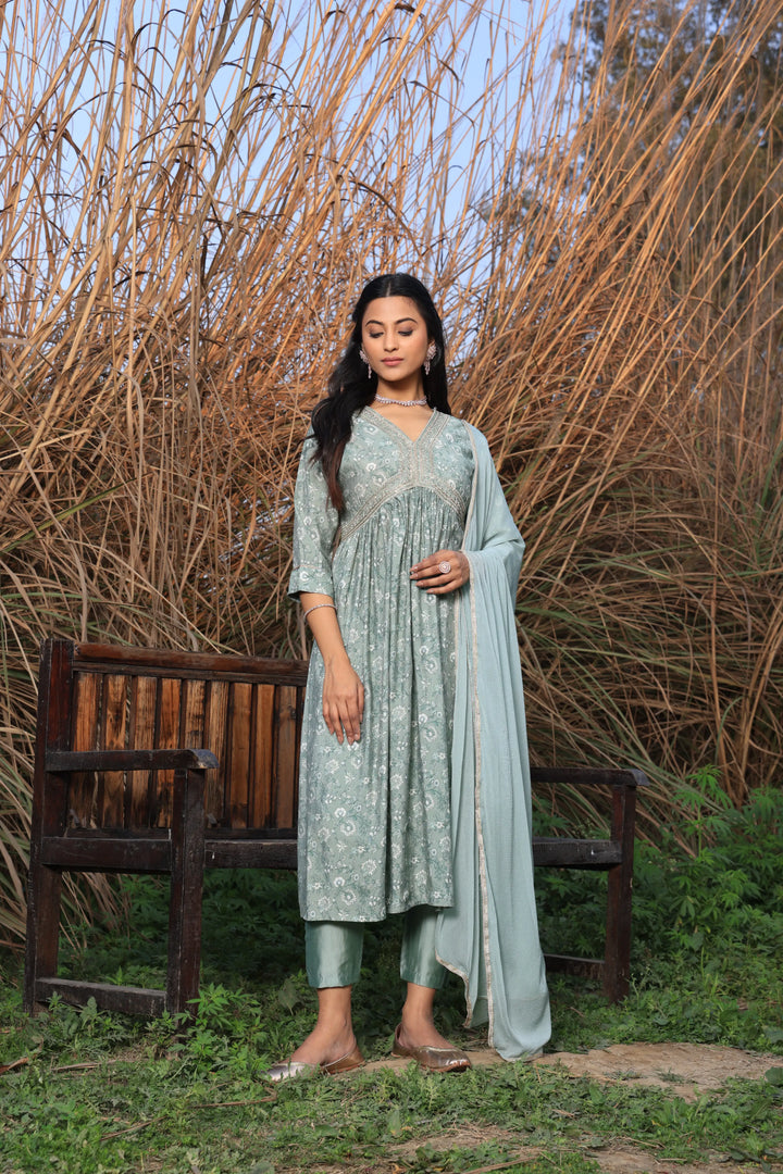 Green Color Alia Cut Anarkali Printed Suit With Trousers & Dupatta Set for Women