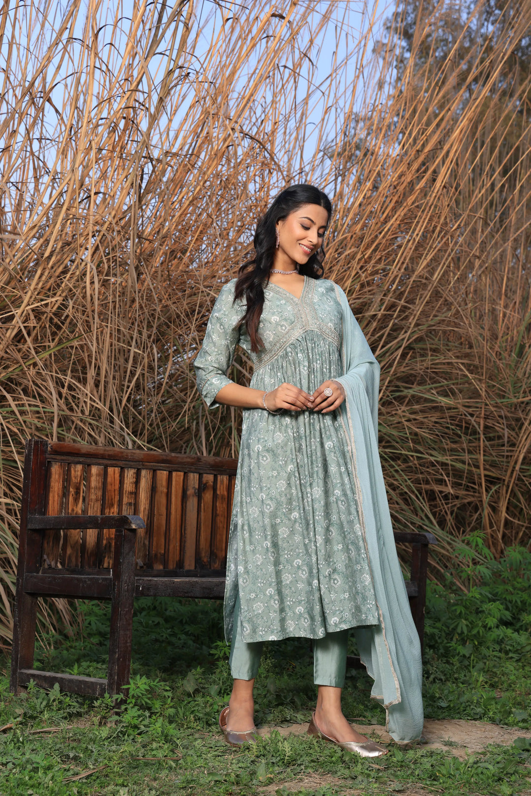 Green Color Alia Cut Anarkali Printed Suit With Trousers & Dupatta Set for Women