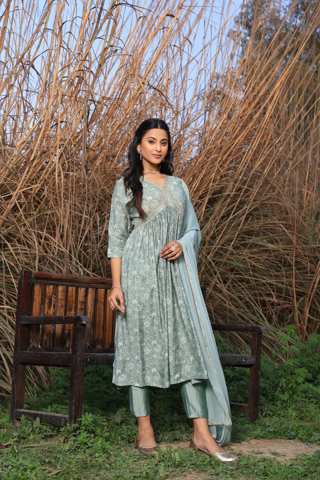 Green Color Alia Cut Anarkali Printed Suit With Trousers & Dupatta Set for Women