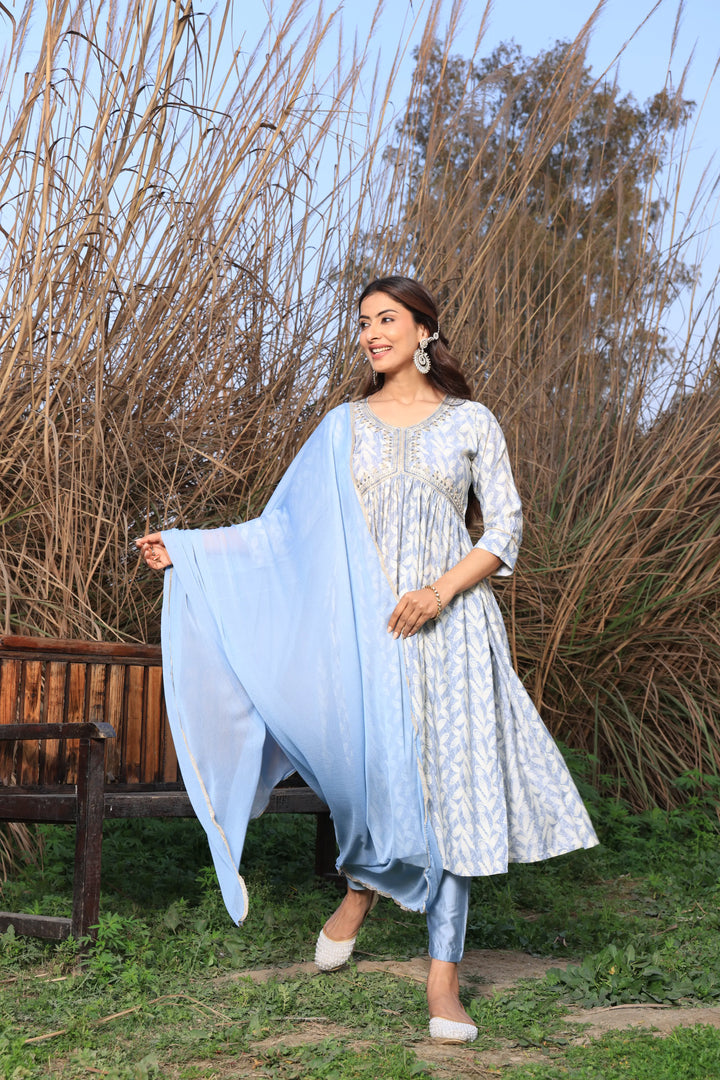 Grey Color Alia Cut Anarkali Printed Suit With Trousers & Dupatta Set for Women