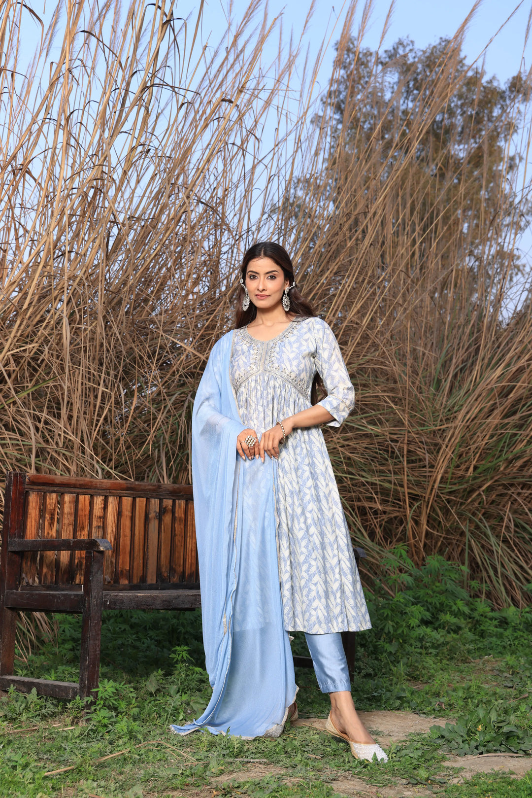 Grey Color Alia Cut Anarkali Printed Suit With Trousers & Dupatta Set for Women