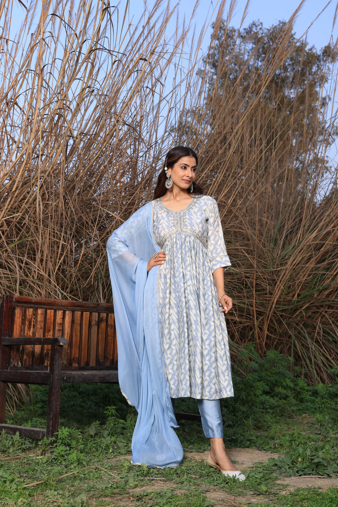 Grey Color Alia Cut Anarkali Printed Suit With Trousers & Dupatta Set for Women