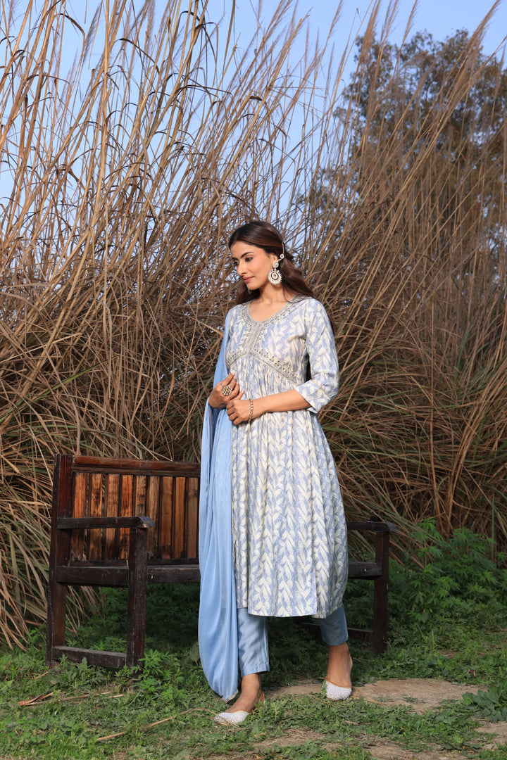 Grey Color Alia Cut Anarkali Printed Suit With Trousers & Dupatta Set for Women