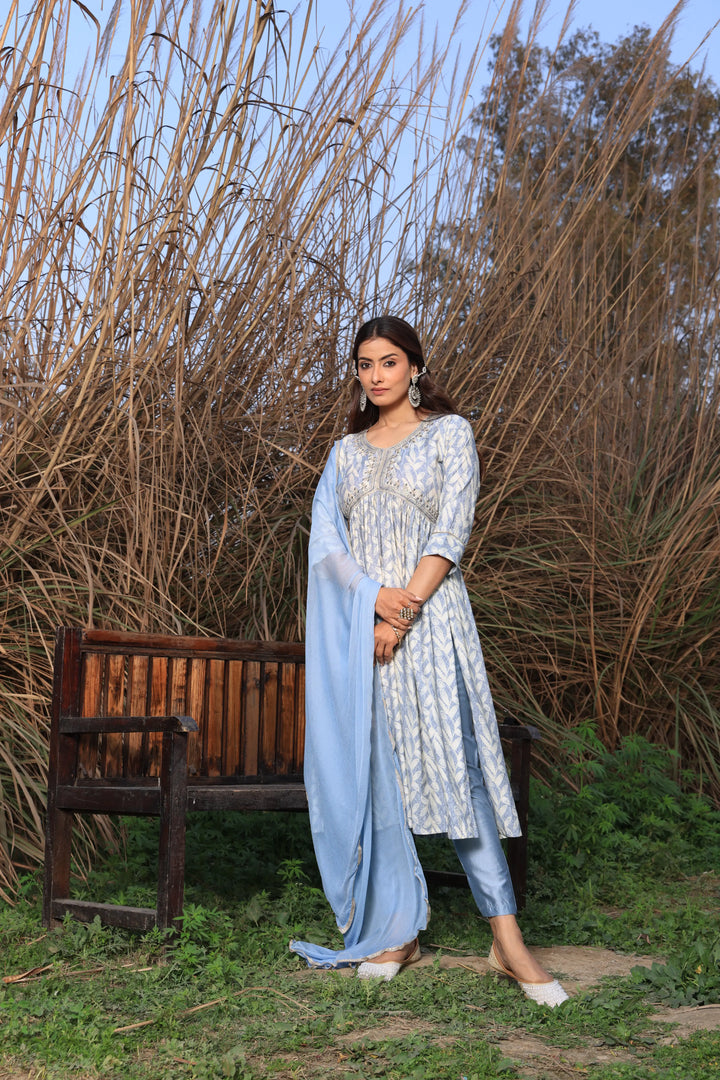 Grey Color Alia Cut Anarkali Printed Suit With Trousers & Dupatta Set for Women