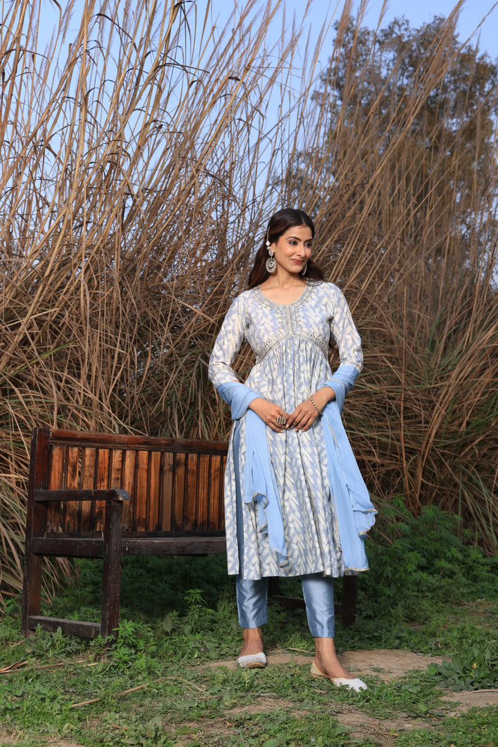 Grey Color Alia Cut Anarkali Printed Suit With Trousers & Dupatta Set for Women