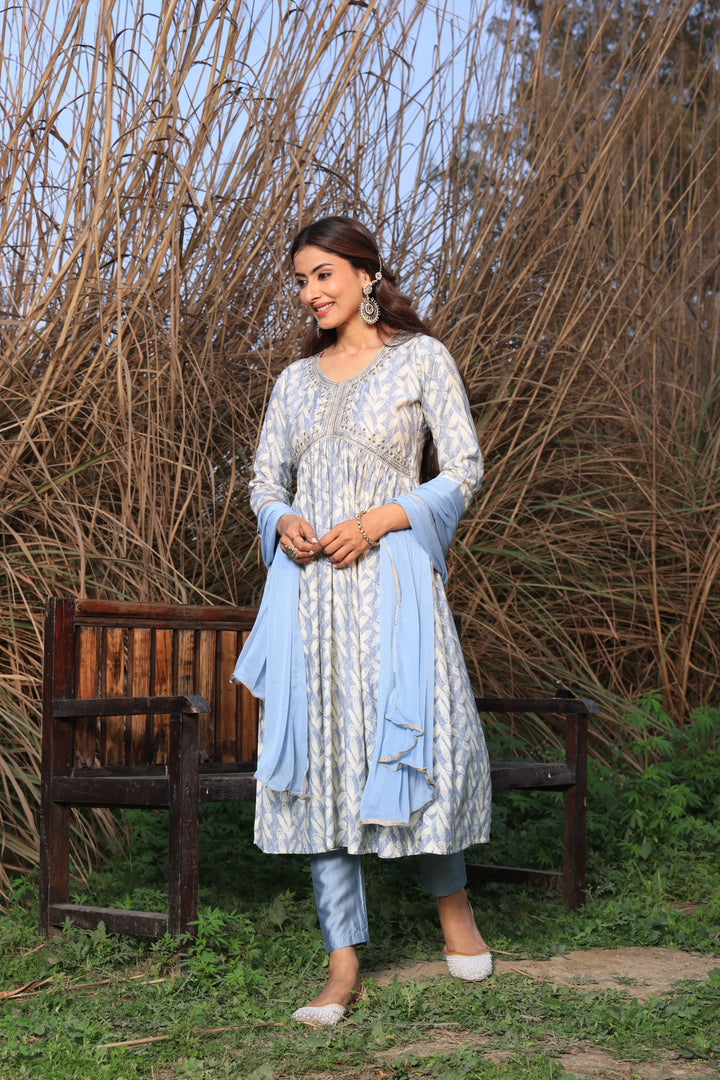 Grey Color Alia Cut Anarkali Printed Suit With Trousers & Dupatta Set for Women