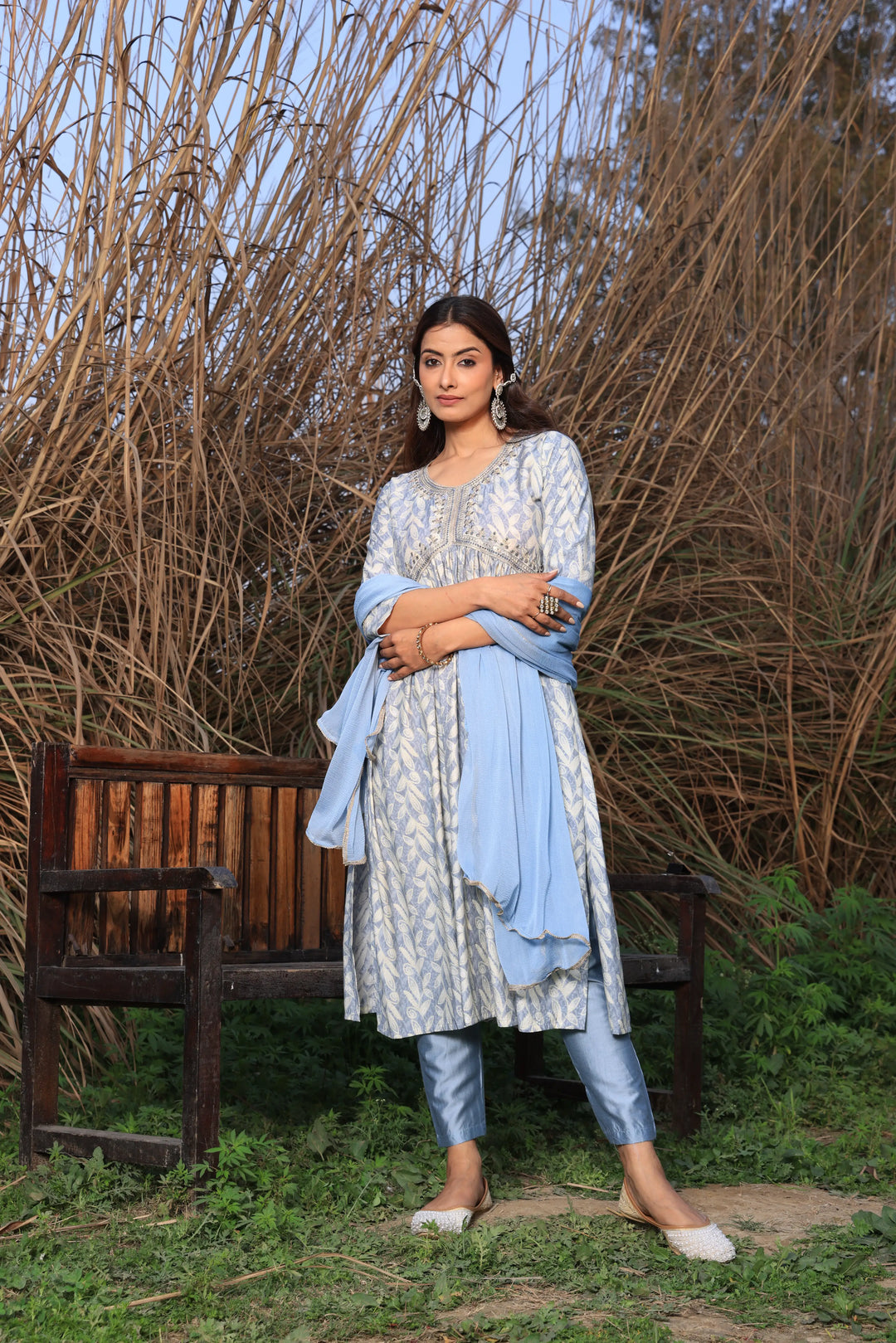 Grey Color Alia Cut Anarkali Printed Suit With Trousers & Dupatta Set for Women