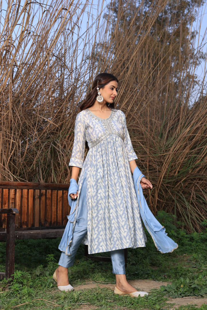 Grey Color Alia Cut Anarkali Printed Suit With Trousers & Dupatta Set for Women