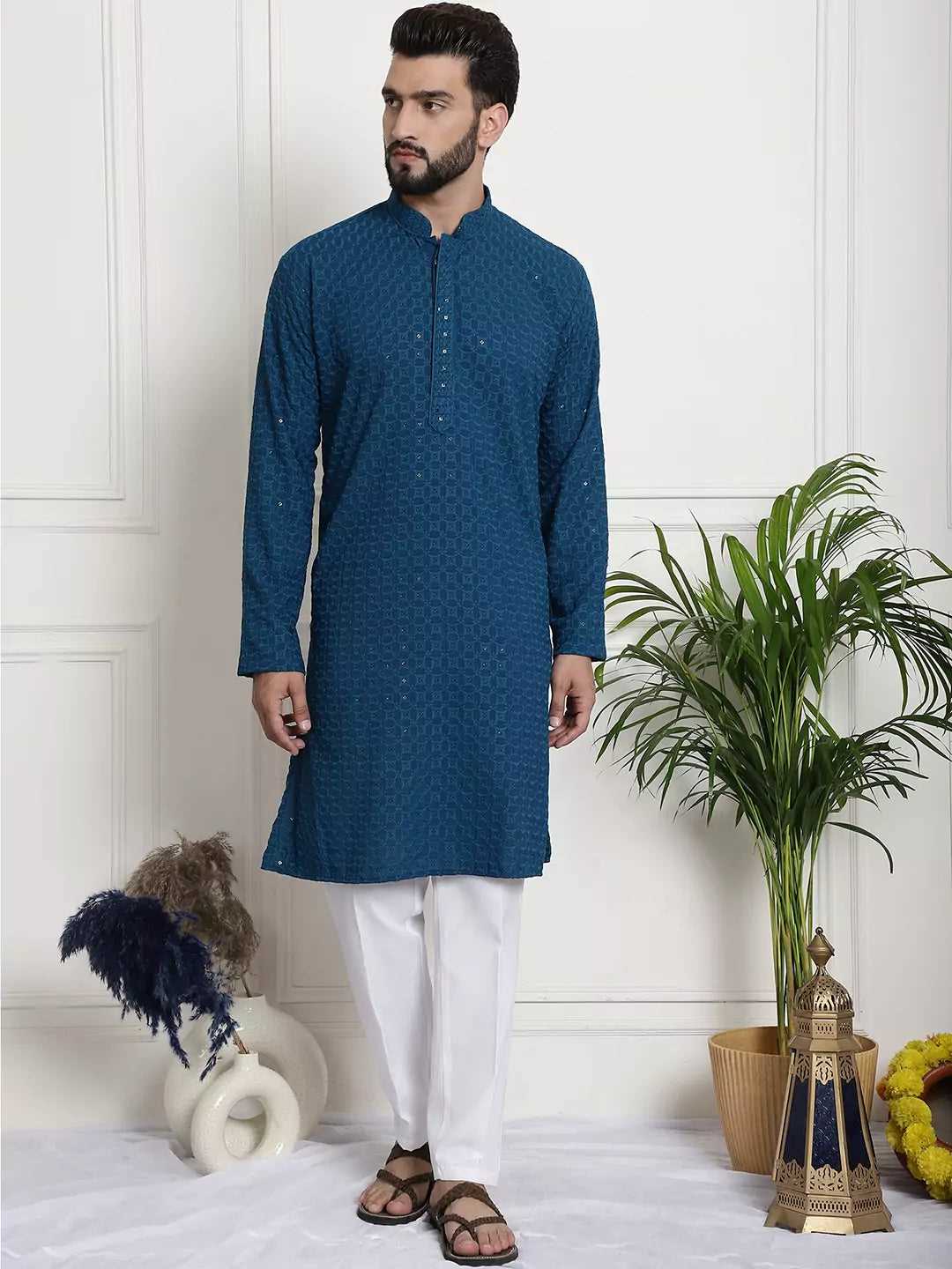 Men's Peacock Blue Cotton Kurta Pant Embrace Cool Comfort and Classic Style