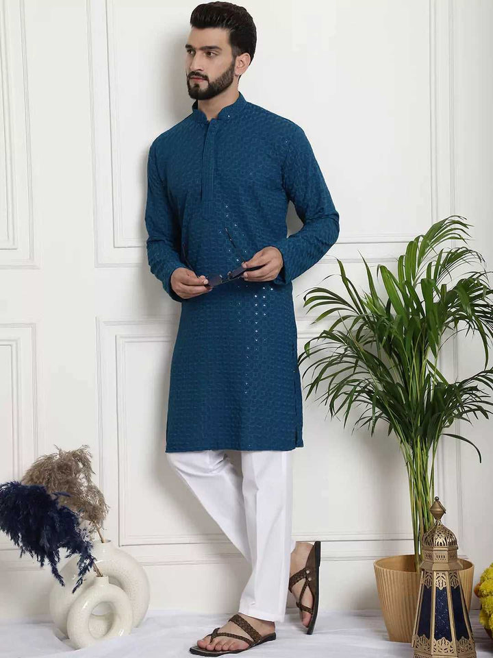 Men's Peacock Blue Cotton Kurta Pant Embrace Cool Comfort and Classic Style