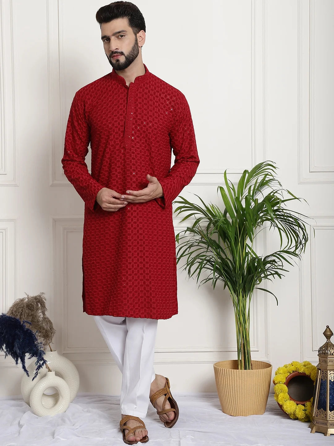 Men's Red Floral Embroidered Thread Work Sequinned Pure Cotton Kurta Pant Set