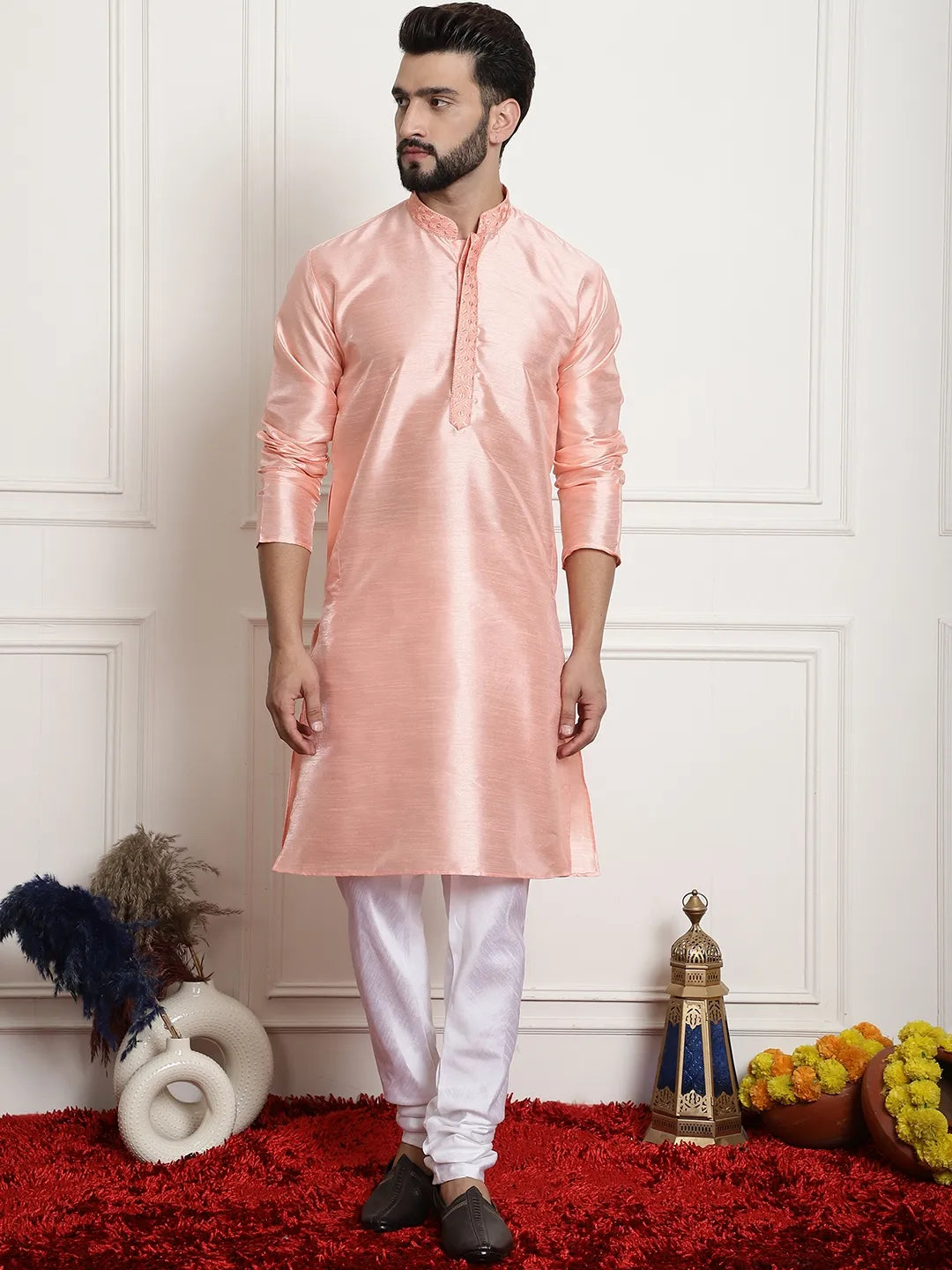 Peach Perfection Solid Plain Embroidered Kurta Pajama Set for Men – Effortless Elegance for Every Occasion