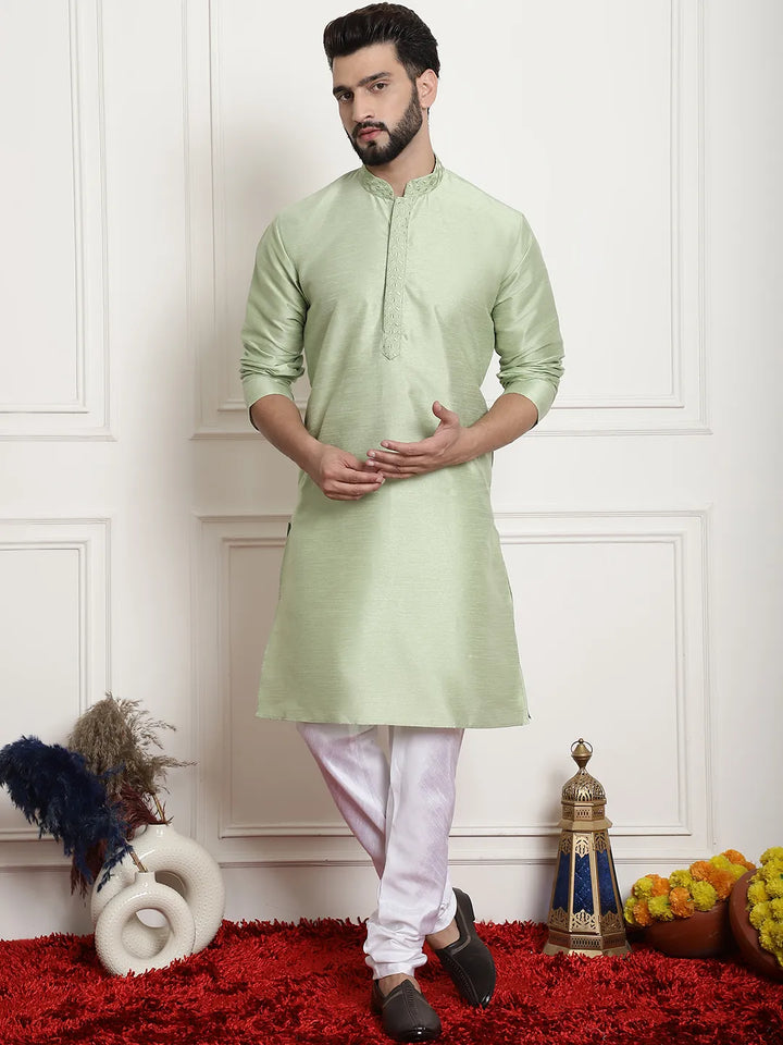 Solid Plain Embroidered Kurta Pyjama Set for Men – A Sartorial Symphony in Sublime Green