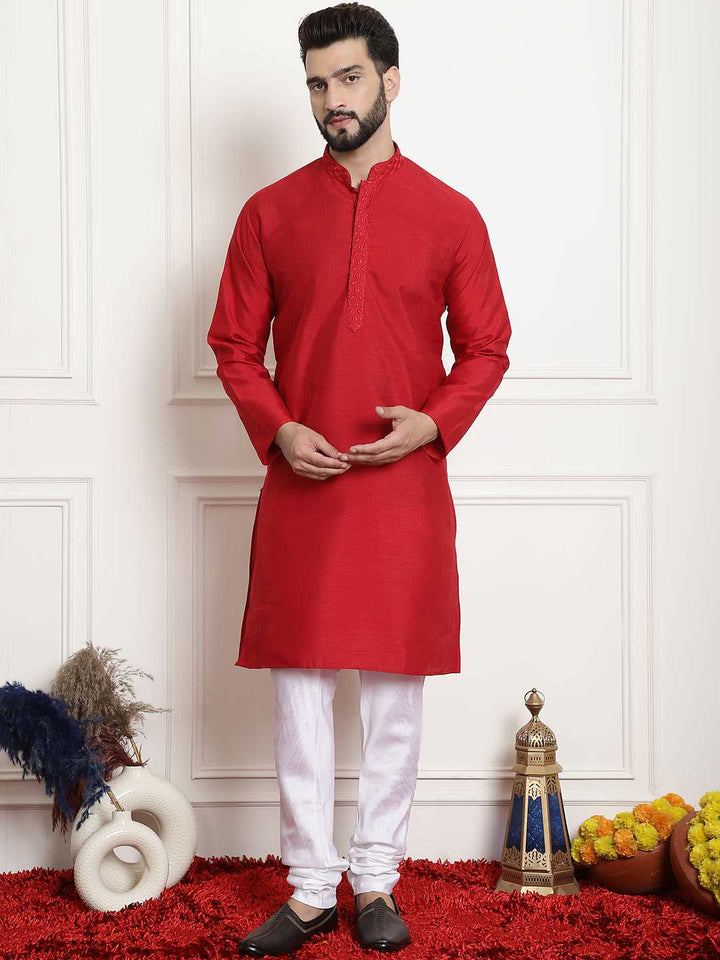 Crimson Classic Solid Plain Embroidered Kurta Pyjama Set for Men