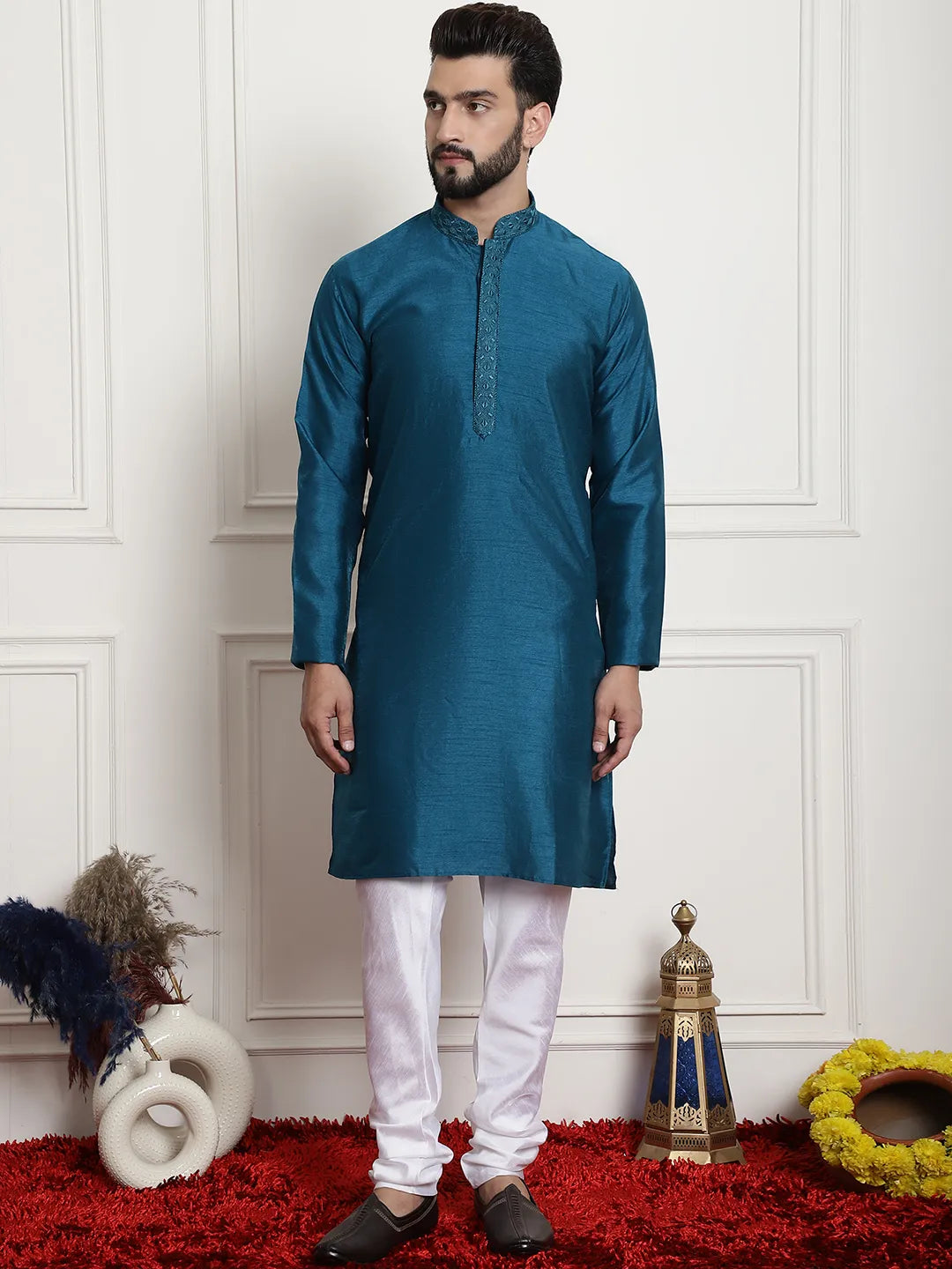 Peacock Splendor Solid Plain Embroidered Kurta Pyjama Set for Men in Stunning Peacock Blue – Timeless Elegance and Modern Sophistication