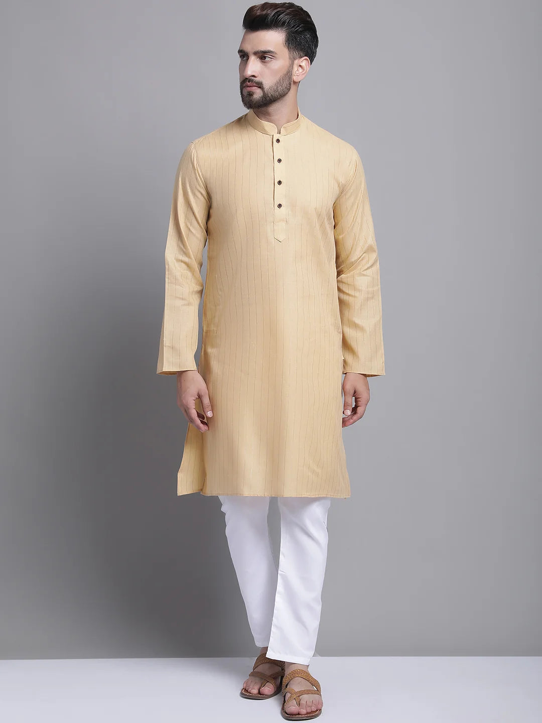 Men's Lining Cotton Regular Beige Kurta With Pyjamas.