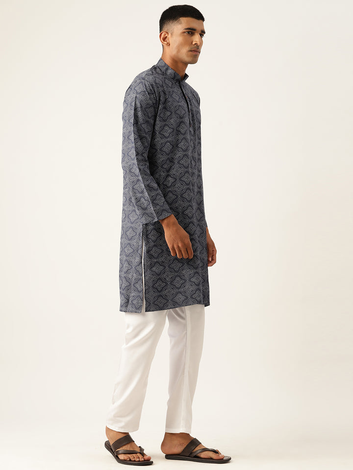 Mandarin Collar Ethnic Printed Cotton Navy Blue Regular Kurta