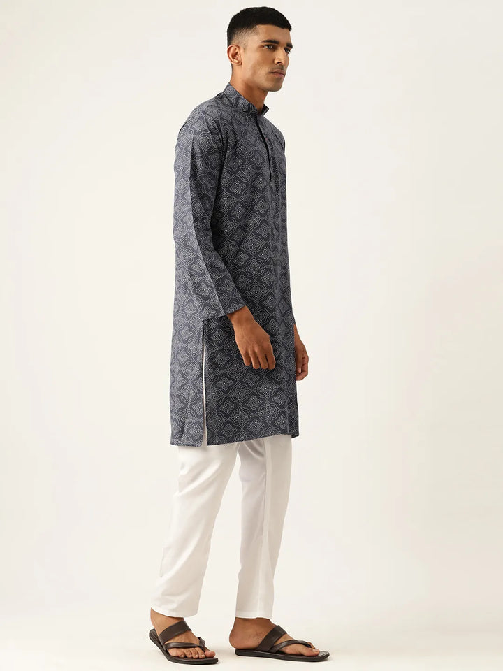 Midnight Opulence Navy Blue Printed Kurta Pajama Sets for Men's Timeless Elegance