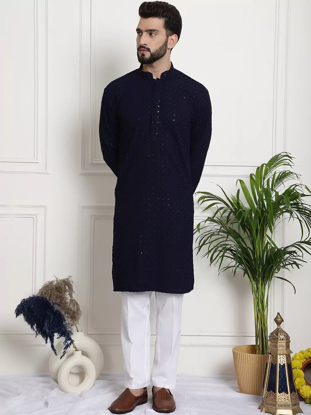 Men's Traditional Threads: Navy Blue Kurta Pant Set