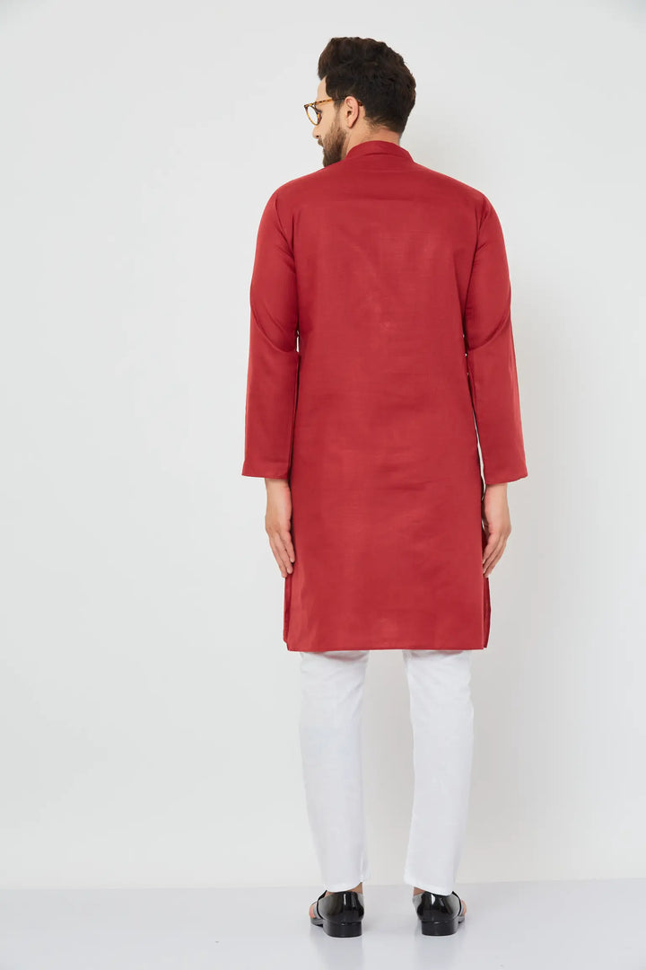 Maroon Cotton Solid Plain Kurta with Crisp White Pajama Set for Men