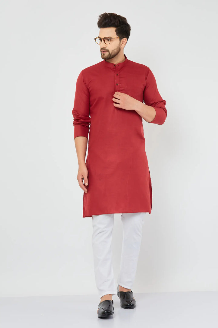 Maroon Cotton Solid Plain Kurta with Crisp White Pajama Set for Men