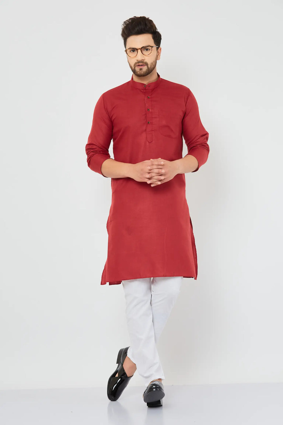 Maroon Cotton Solid Plain Kurta with Crisp White Pajama Set for Men