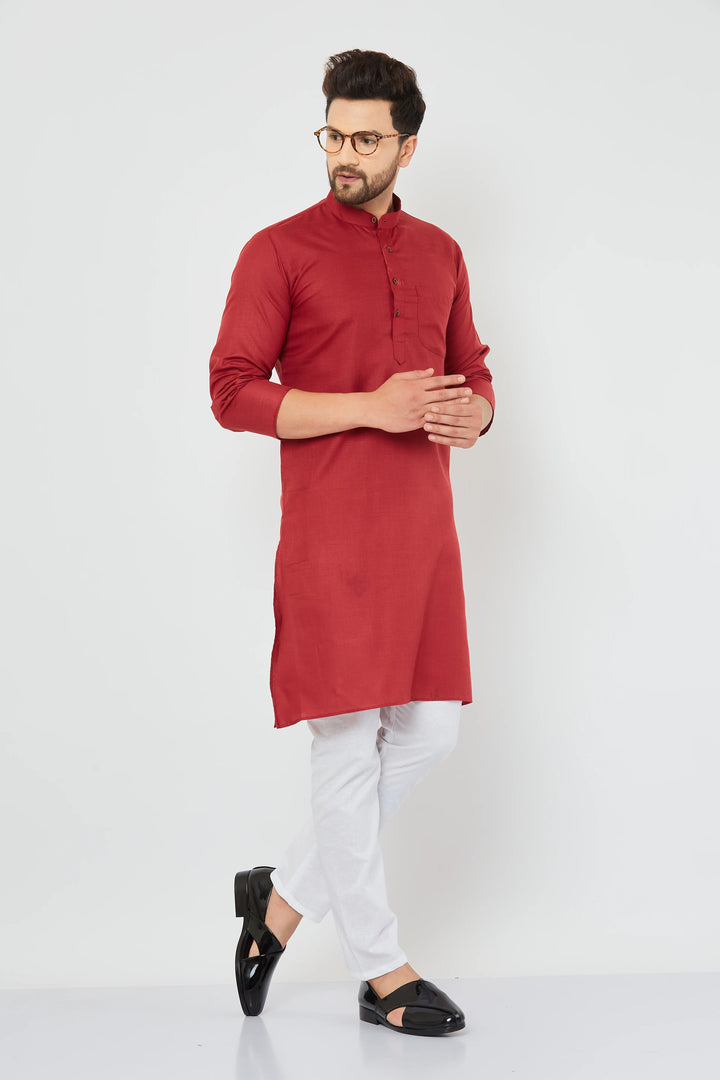 Men's Plain Solid Maroon Cotton Kurta