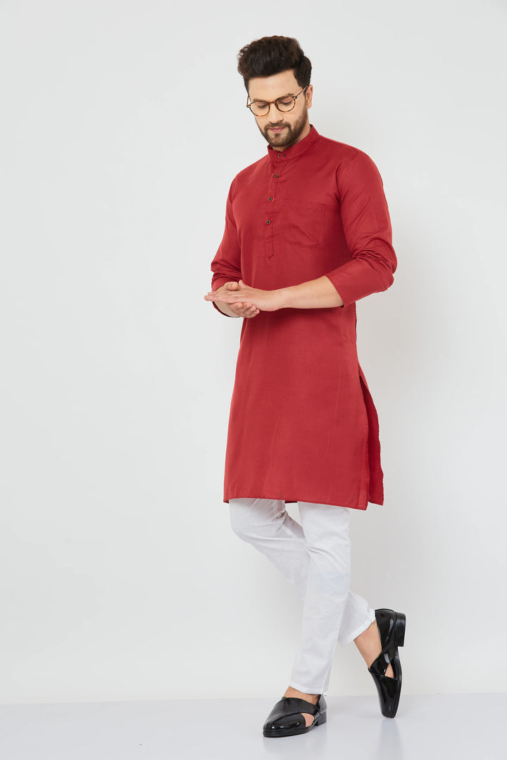 Men's Plain Solid Maroon Cotton Kurta