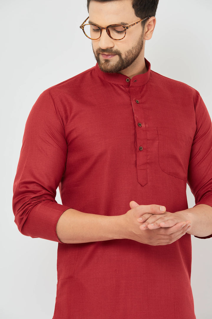 Men's Plain Solid Maroon Cotton Kurta