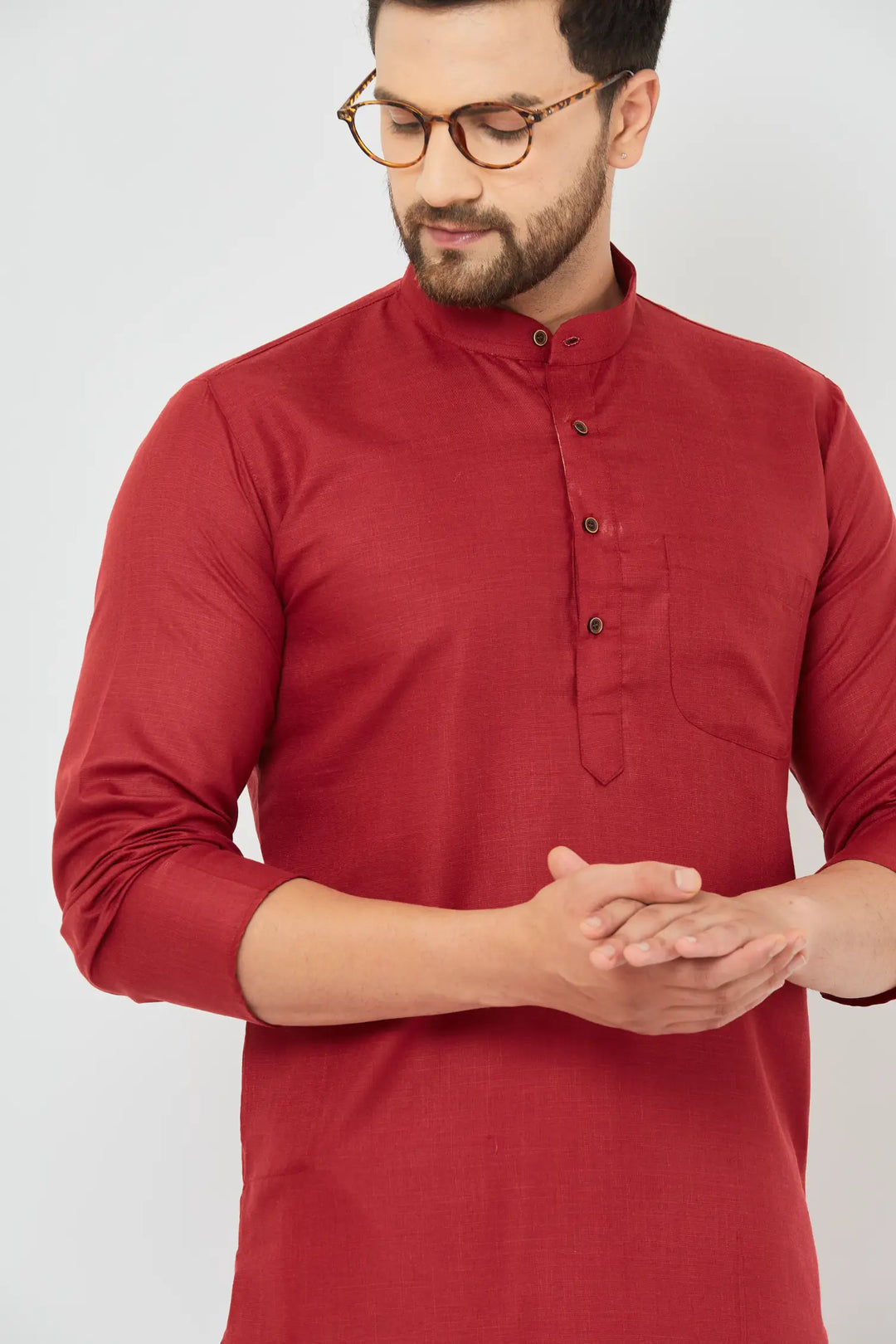 Maroon Cotton Solid Plain Kurta with Crisp White Pajama Set for Men